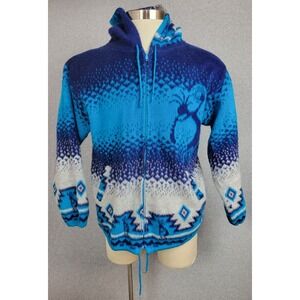 Artesanias Tuntaquimba Blue‎ Wool Eduadorian Hoodie Sweater Kokopelli Large